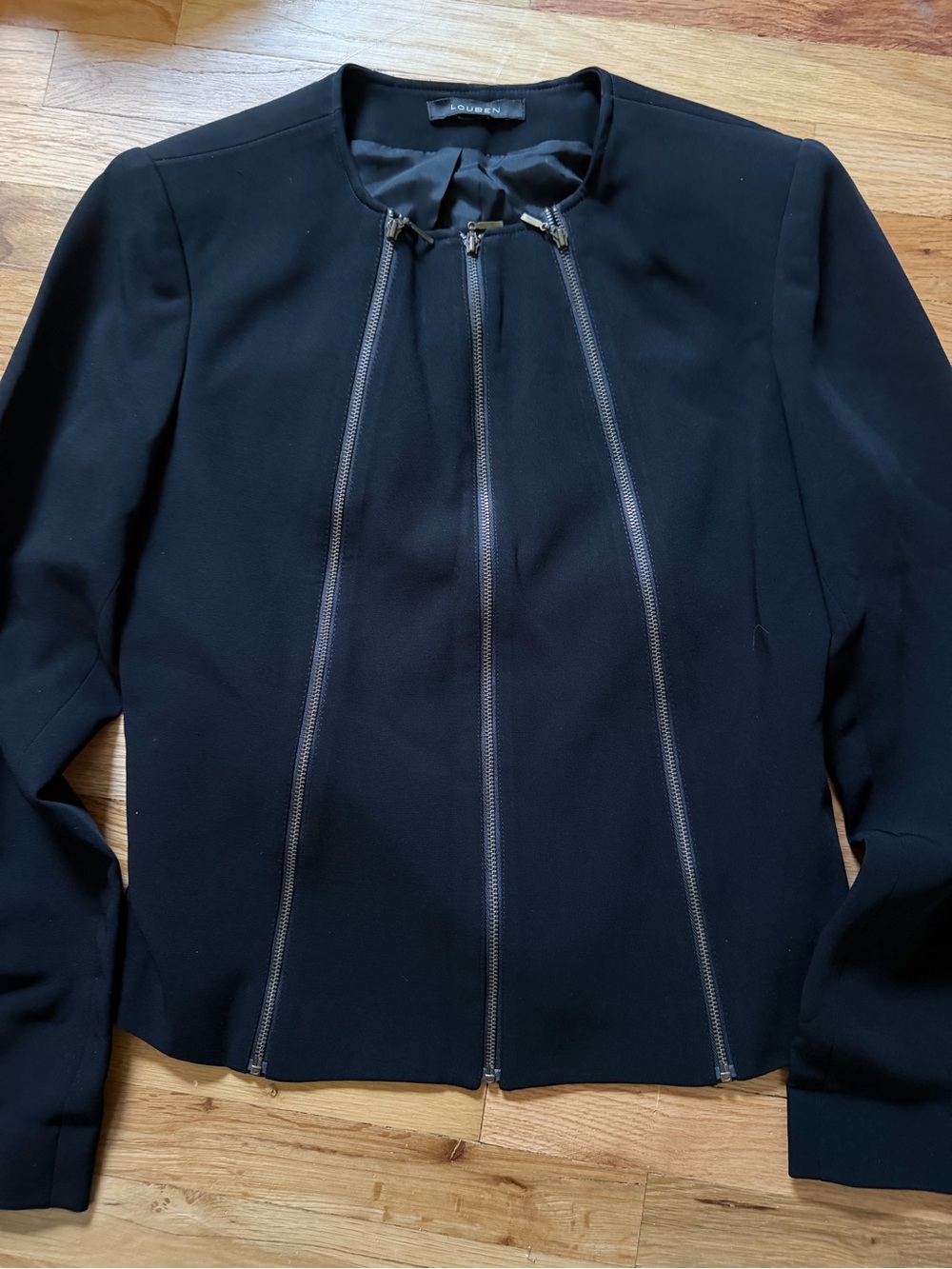 Louben Black Collarless Triple-Zip Blazer